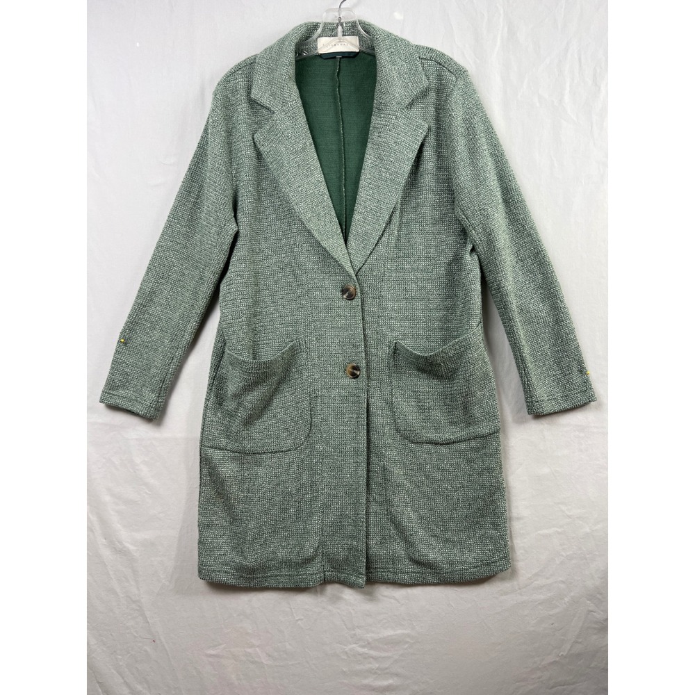 French Mauve Knit Longline Coat Womens Medium Green Textured Button Front